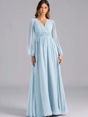 Elegant Light Blue V-Neck Long Sleeve Maxi Dress